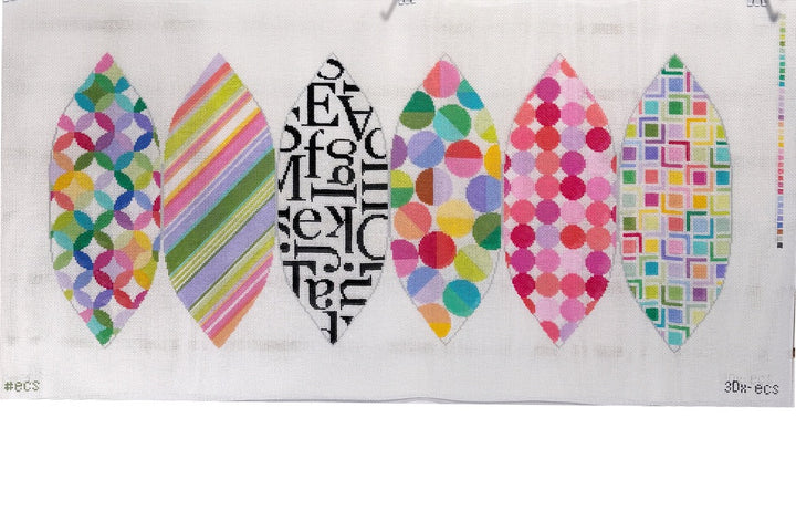 Colorful patterned shapes with text on a white background