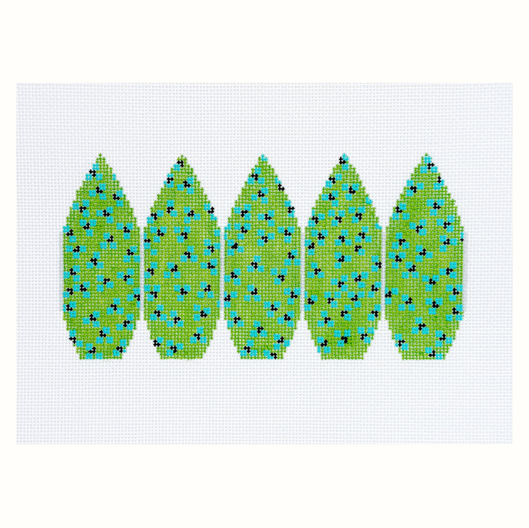 Five green leaf-shaped patterns with black and blue details on a white background