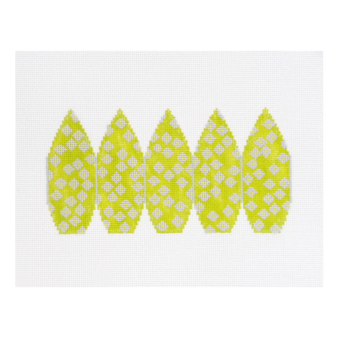 Five yellow leaf-shaped patterns with white centers on a white background