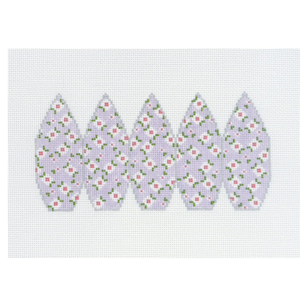 Five floral teardrop shapes on a white background