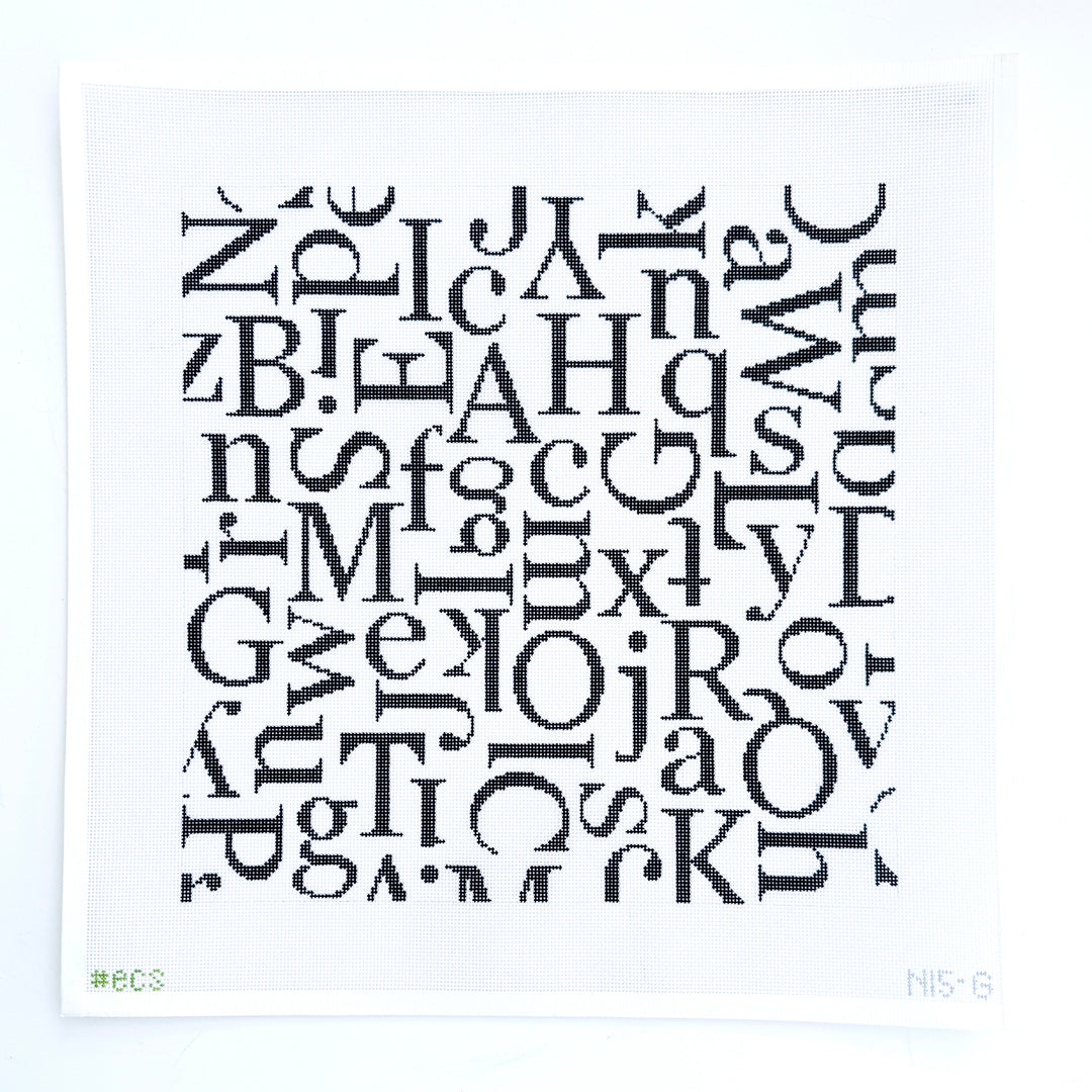 Black and white abstract design with interlocking letters on a white background