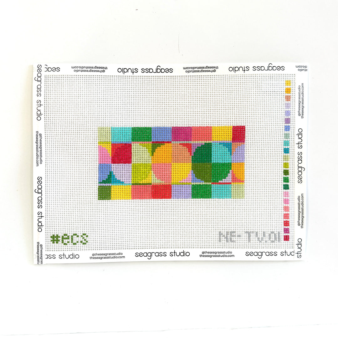 needlepoint design with colorful geometric design on a white background, 