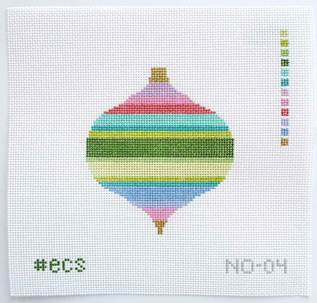 needlepoint design of a colorful striped ornament on a white mesh background