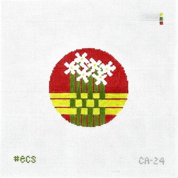 Circular design with white flowers on a red background, featuring green and yellow patterns.
